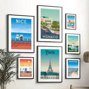 Affiche sur toile colorée représentant un paysage urbain, une ville