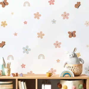 Stickers mural aquarelle fleurs arc-en-ciel papillon