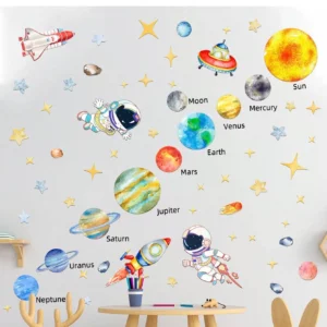 Sticker mural pour chambre d'enfant, motif astronaute et fusée