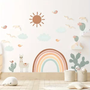 Stickers mural motif moutons, arc-en-ciel, cactus et soleil