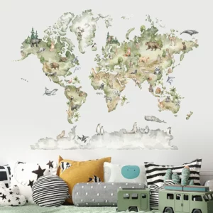 Stickers mural carte du monde en couleur