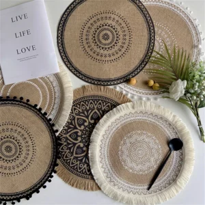 Sets de table ronds vintage en coton avec pompons, doux et antidérapants