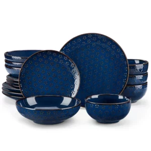 Service de table 16 ou 32 pièces en grès bleu avec 6 assiettes plates/dessert/soupe/bol