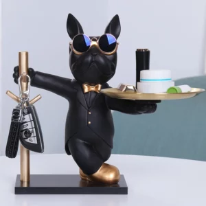 Figurine de bouledogue français avec plateau et porte clés