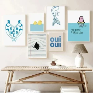 Affiche abstraite de plage de mer imprimée, chat nageur, canard