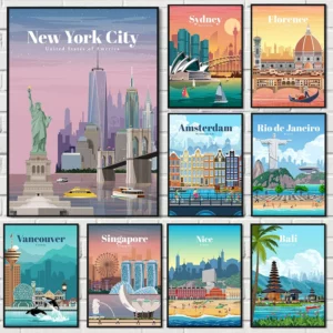 Affiche de villes touristiques célèbres du monde, Londres, New York