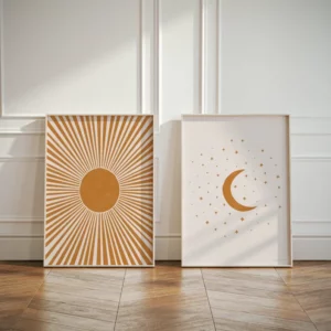 Affiche sur toile géométrique orange soleil lune et étoiles