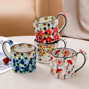 Tasse à café en céramique polygone à motif fleur rétro