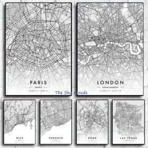 Carte de ville Paris, New York, Londres en noir et blanc