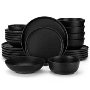 Service de table noir de 16,18,24 ou 36 pièces, en grès, idéal pour une décoration sobre