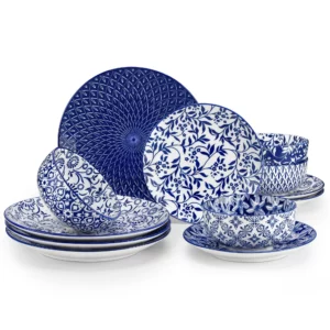 Service de table en porcelaine bleu et blanc de 12, 24 ou 36 pièces
