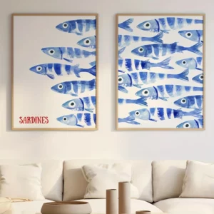 Affiche d'un banc de sardines bleues pour une déco méditerranéenne de votre cuisine ou salon